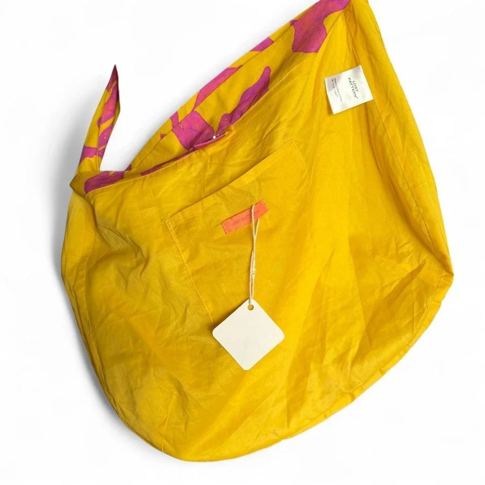 Lost Pattern Beach Blossom Hobo Crossbody Bag Yellow Pink Floral Cotton
